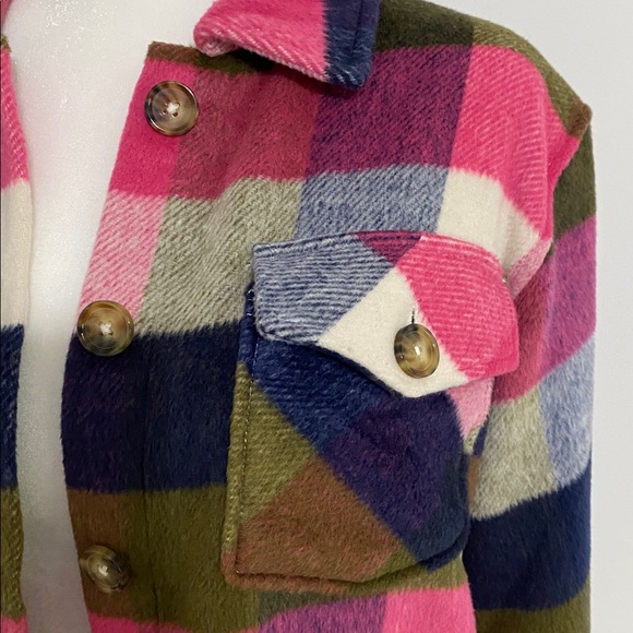 Almost New Olive, Hot Pink, Navy , and Ivory Plaid Shacket Shirt Jacket - Picture 2 of 9
